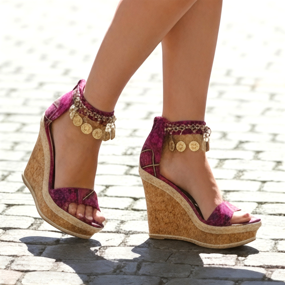 New Scene “Echo” Bohemian Patterned Cork Wedge Sandals w/Charm Ankle Strap Sz 9